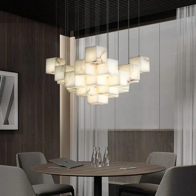 Olive Alabaster Cubic Round Pendant For Dining Table, Staircase Chandeliers Riviko