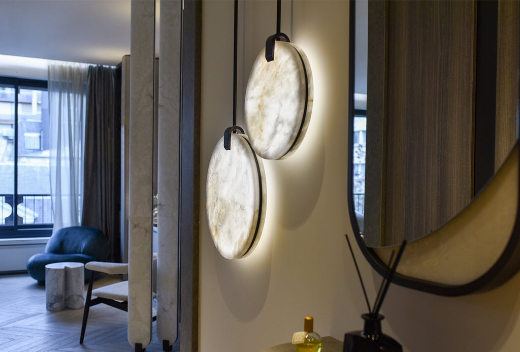 Soho Real Alabaster Disc Pendant Light, Pendant Lamp For Hallway, Staircase Pendant Light Riviko