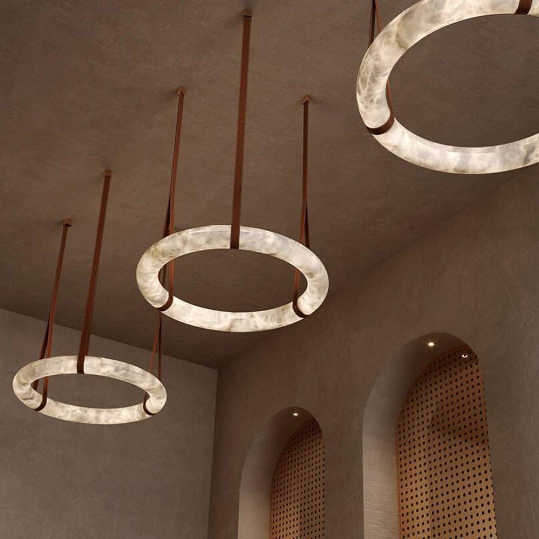 Oslo Pendant Alabaster Chandelier, Halo Ring Chandelier With Leather Chandelier Riviko