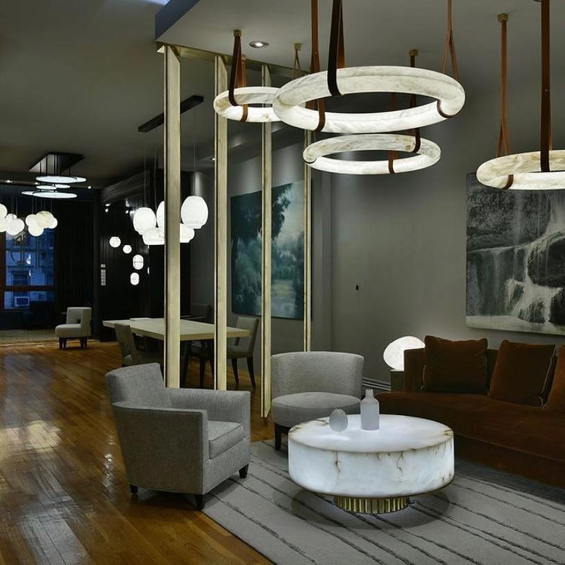 Oslo Pendant Alabaster Chandelier, Halo Ring Chandelier With Leather Chandelier Riviko