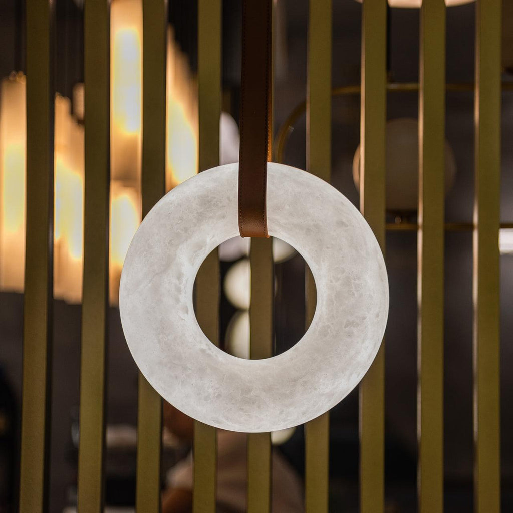 Oslo Pendant Alabaster Chandelier, Halo Ring Chandelier With Leather Chandelier Riviko