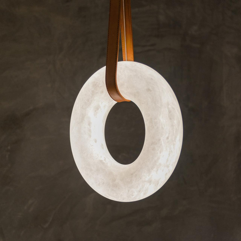 Oslo Pendant Alabaster Chandelier, Halo Ring Chandelier With Leather Chandelier Riviko 11.8" D Single Ring