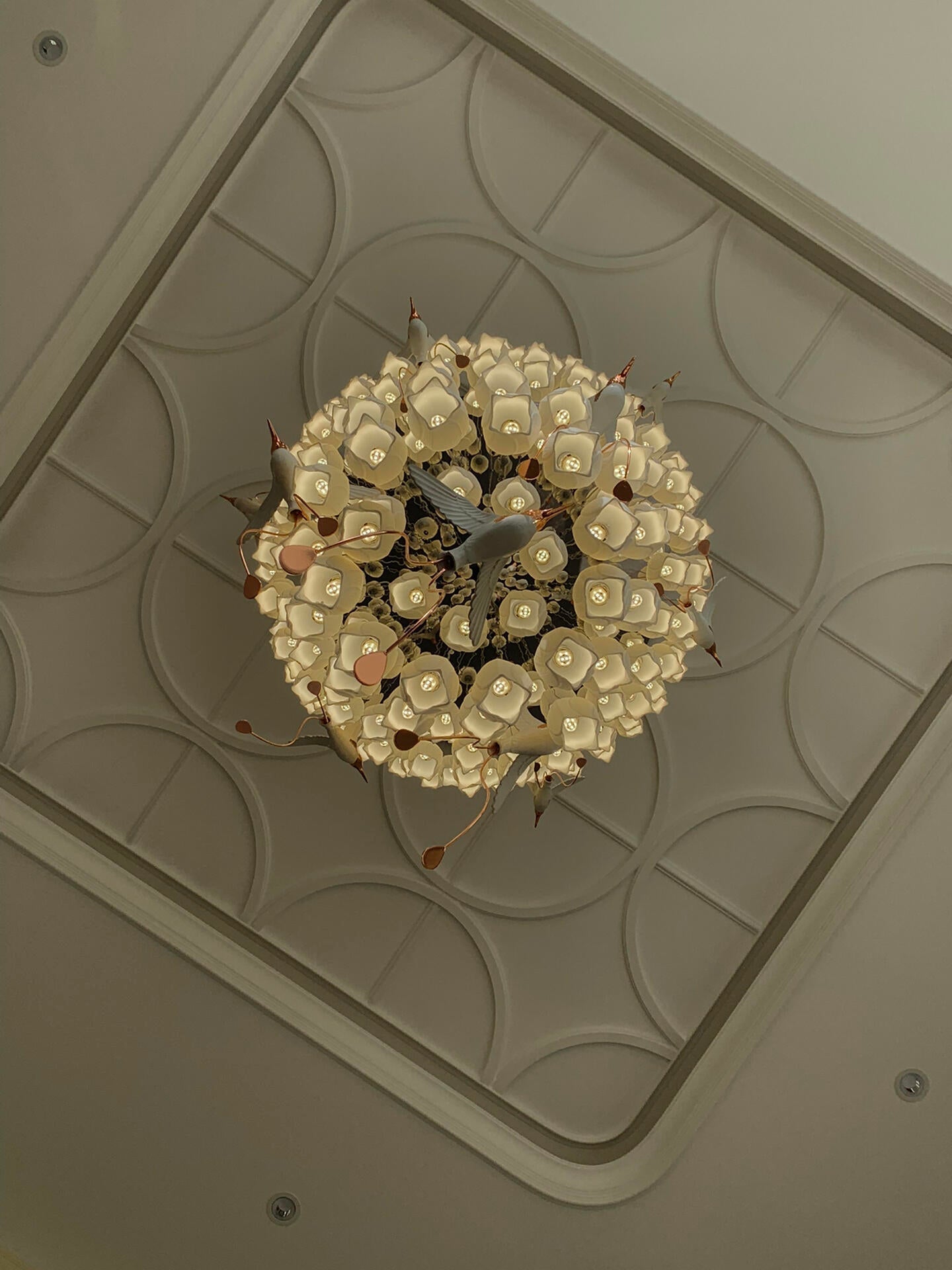 Modern Elegant Floating Glass Flower Chandelier with Ceramic Hummingbird Accents