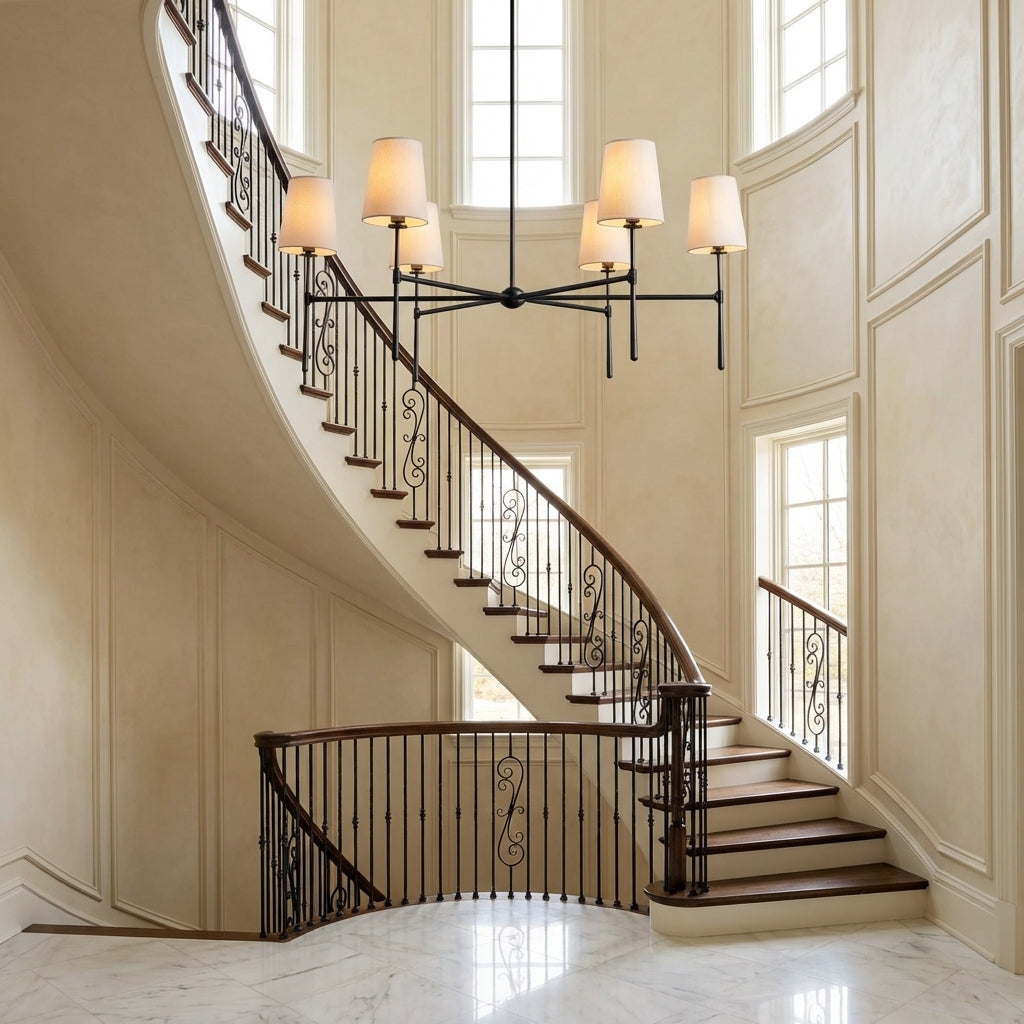 Riviko Rhodes Grandeur Round Chandelier 4/6 Light - dramatic American stairwell with soaring ceiling