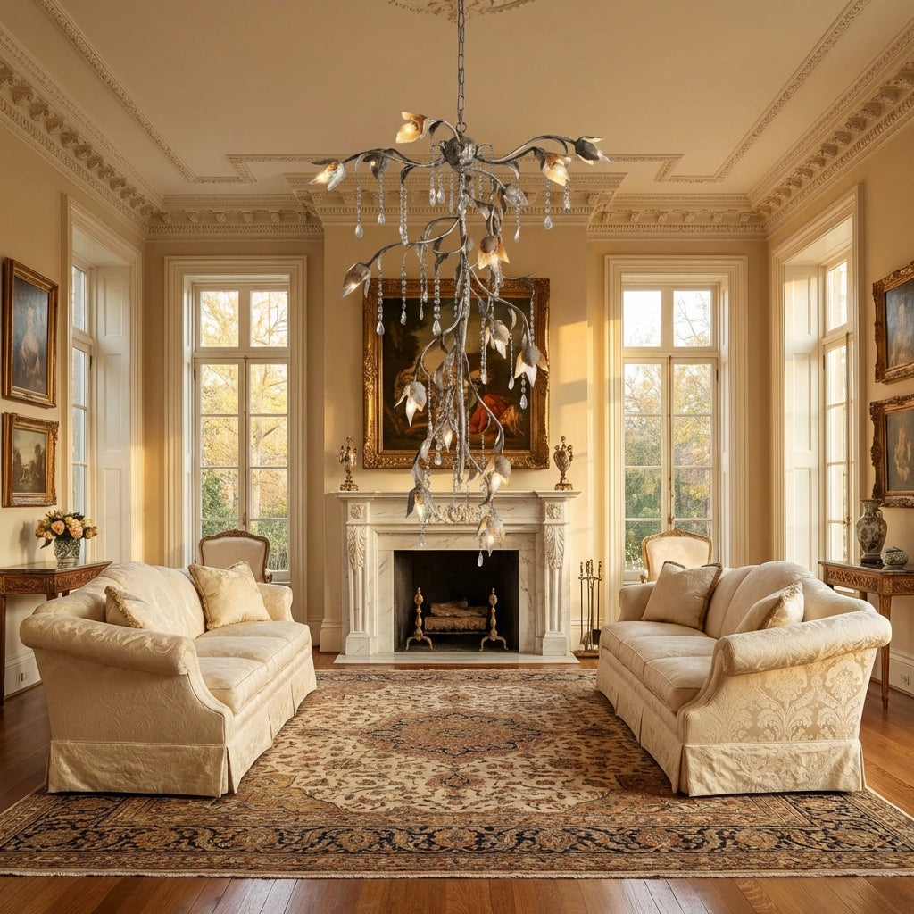 Riviko Viticcio Opulent Cascade Chandelier 34" Width x 34" Depth x 54" Height x 34" Diameter - American formal living room with 12-foot ceilings