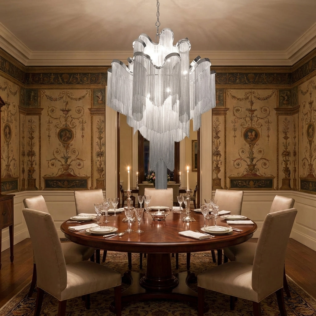 Riviko Grand Cascade Extra Large Stainless Steel Long Tassel Chandelier - formal American dining room