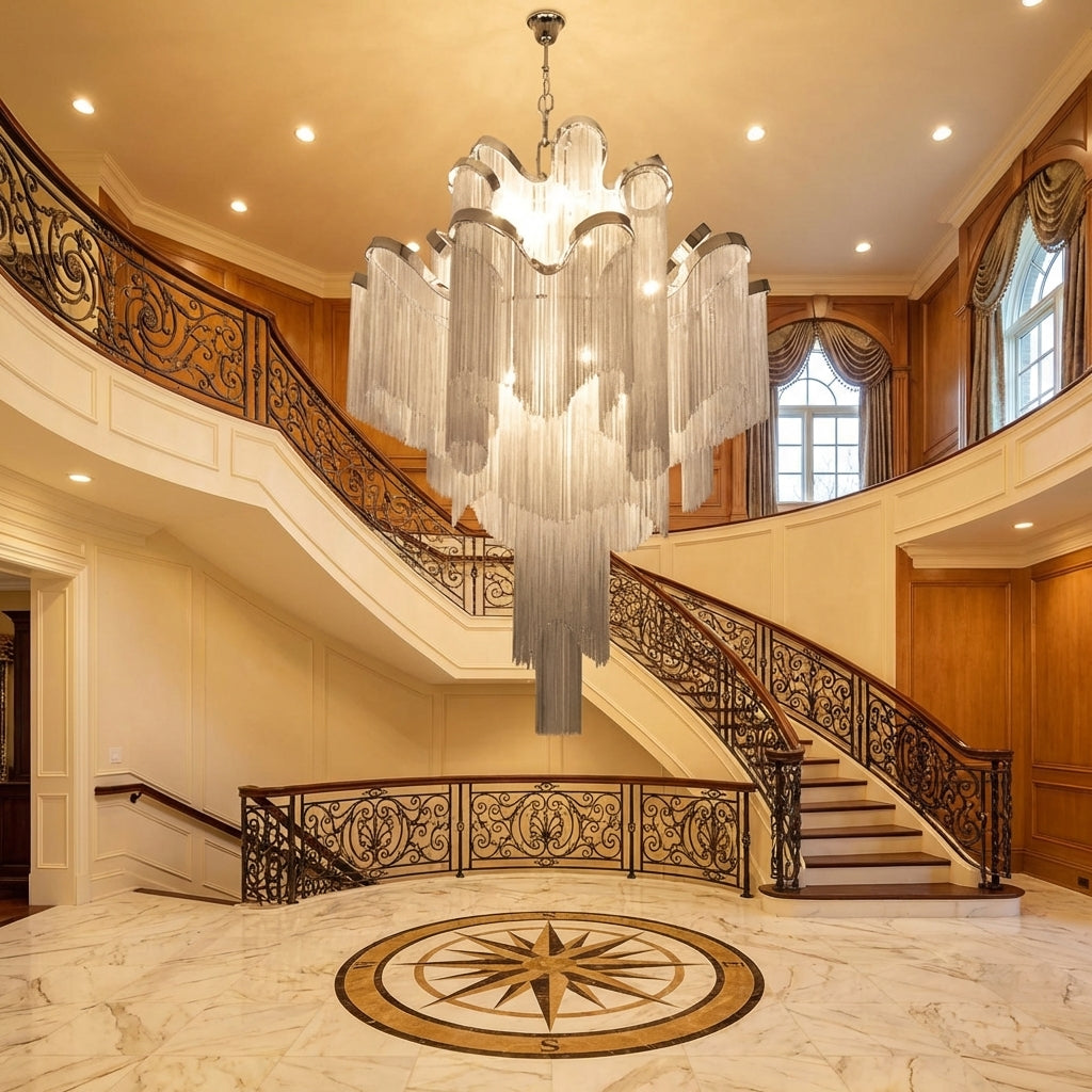 Riviko Grand Cascade Extra Large Stainless Steel Long Tassel Chandelier - grand American foyer with two-story ceiling
