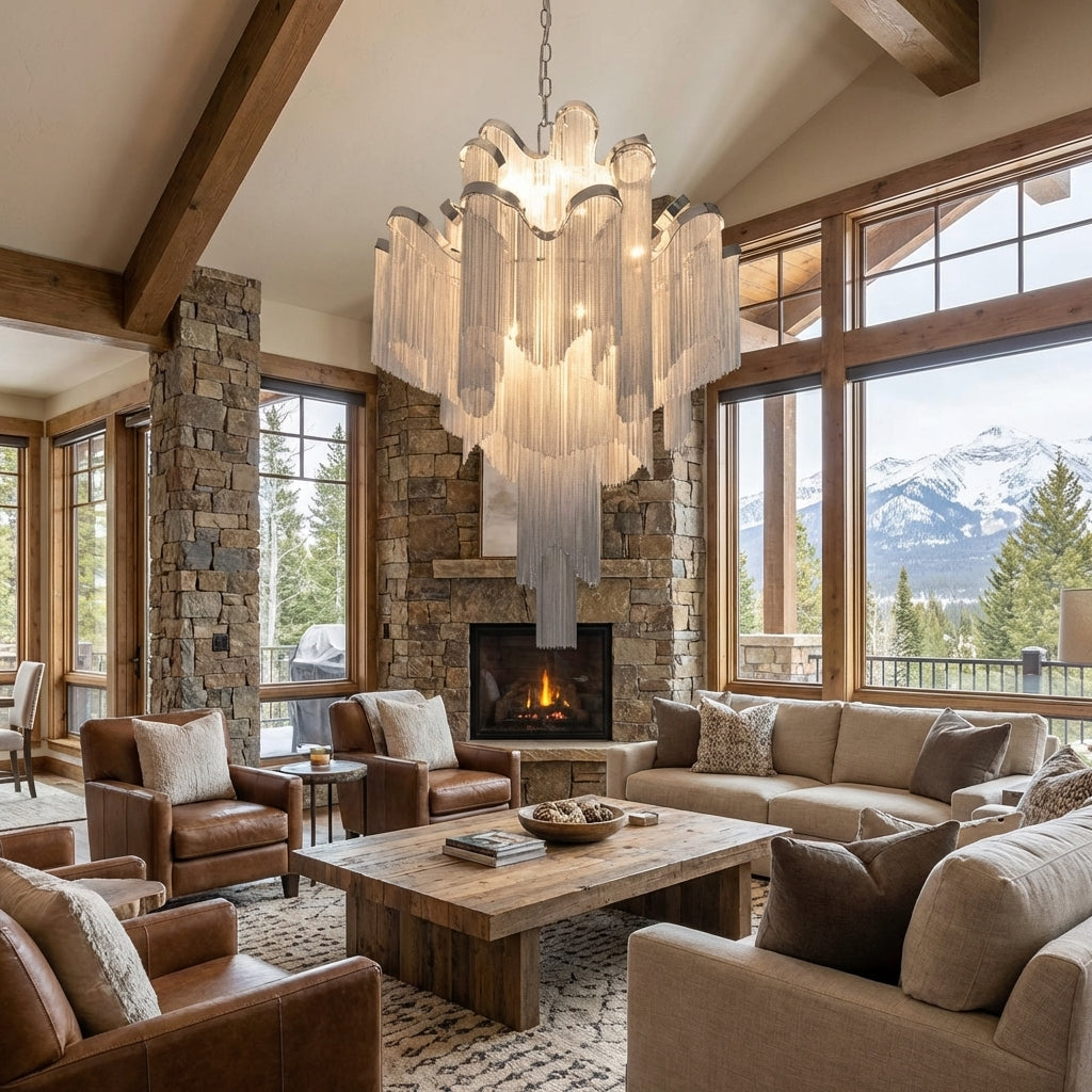 Riviko Grand Cascade Extra Large Stainless Steel Long Tassel Chandelier - American transitional great room with cathedral ceiling