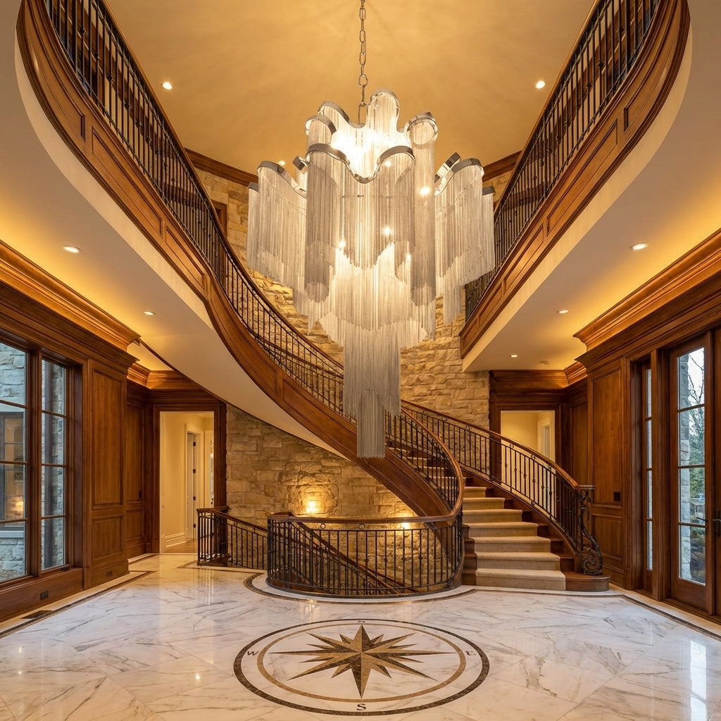 Riviko Grand Cascade Extra Large Stainless Steel Long Tassel Chandelier - grand American foyer with two-story ceiling