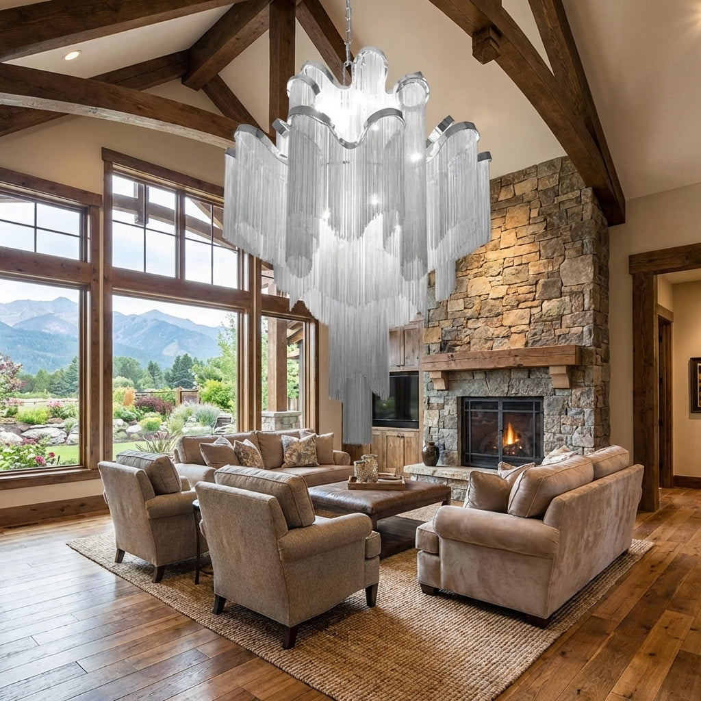 Riviko Grand Cascade Extra Large Stainless Steel Long Tassel Chandelier - American transitional great room with cathedral ceiling