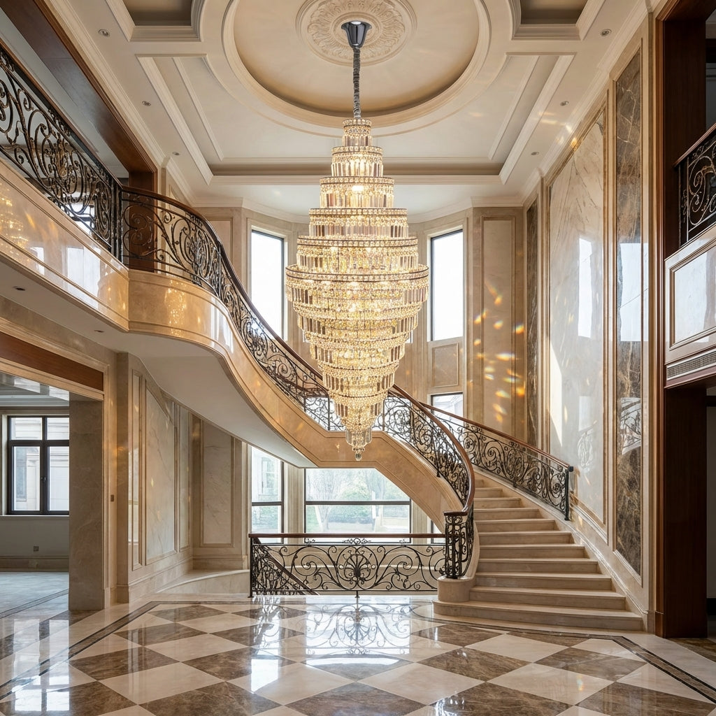 Riviko Grand Lumina Round Extra Large Crystal Chandelier in Silver - grand American estate foyer