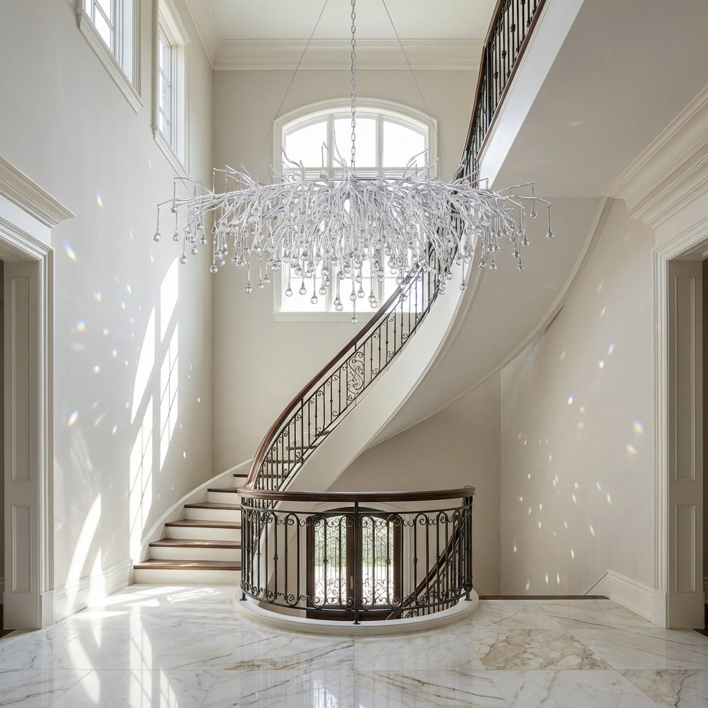 Lumina Haven Arboria Rectangle Branch Chandelier 45"L Silver - dramatic American stairwell with soaring ceiling