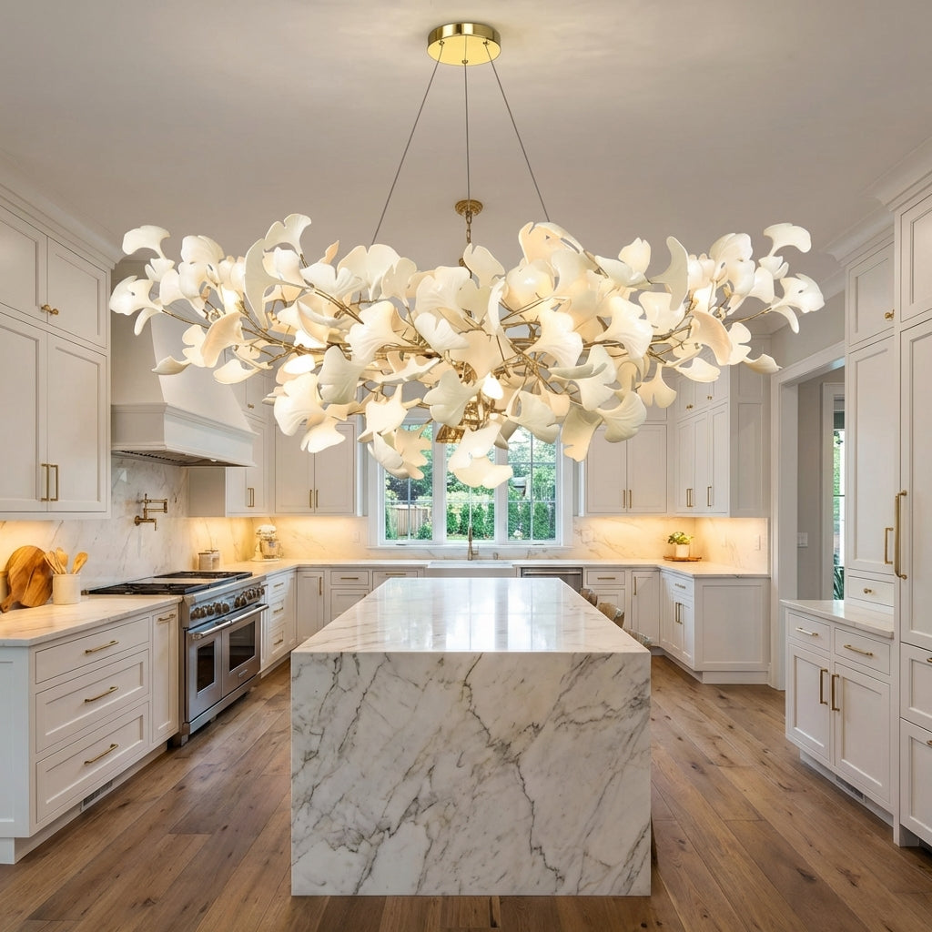 Lumina Haven Veridian Linear Ginkgo Chandelier - upscale American kitchen