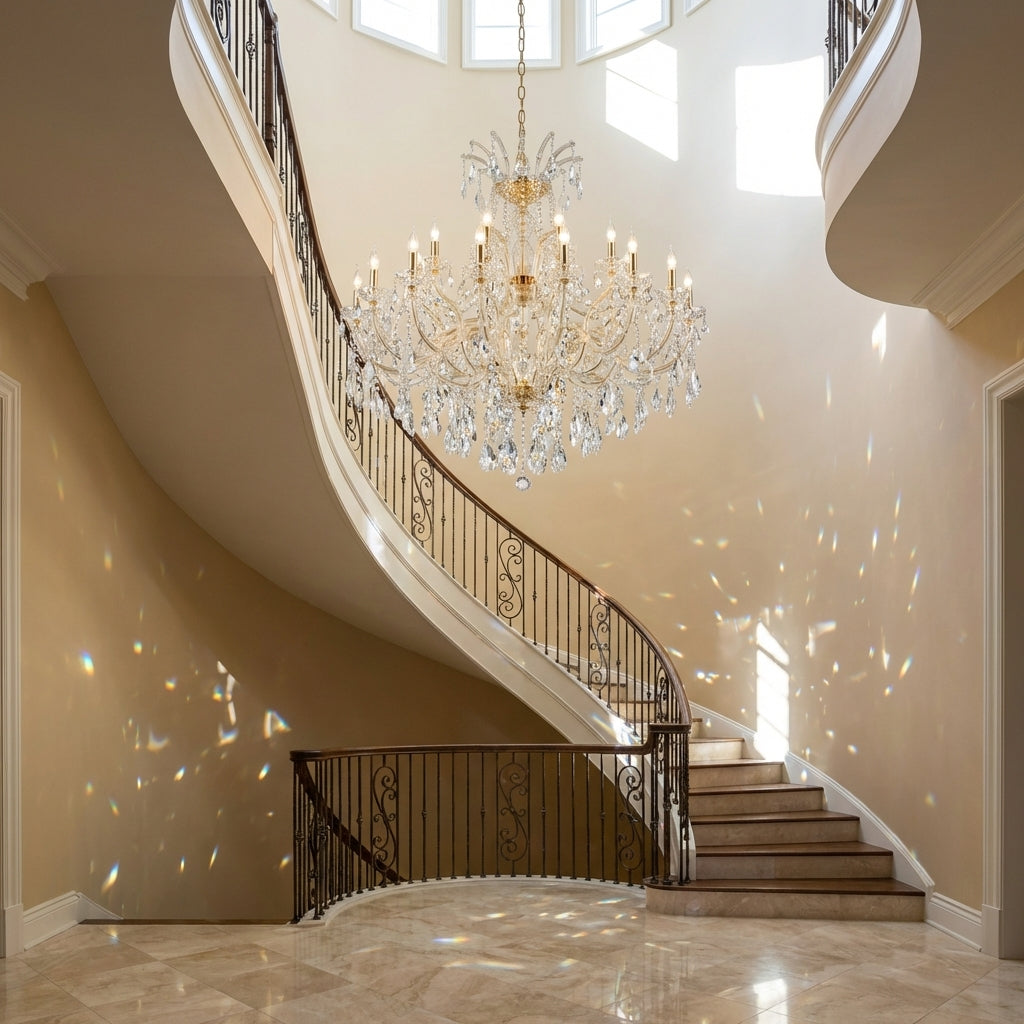 Riviko Grand Lumière Multi-Layered Candle Branch Chandelier for Living Room/Foyer/Stairs - dramatic American stairwell with soaring ceiling