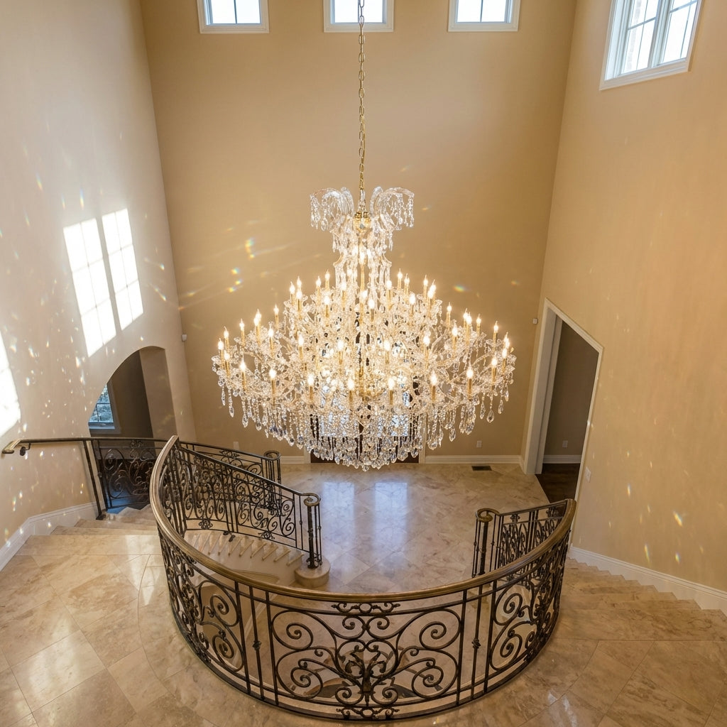 Riviko Grand Lumière Multi-Layered Candle Branch Chandelier for Living Room/Foyer/Stairs - dramatic American stairwell with soaring ceiling