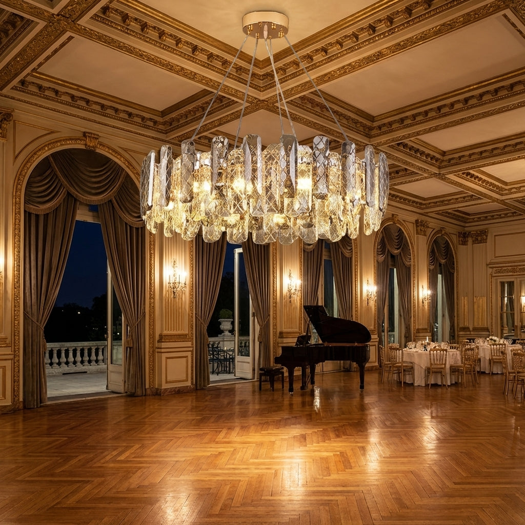 Riviko Aura Grand Round/Rectangle Chandelier with Smoky Gray K9 Crystal - American ballroom or formal entertaining space