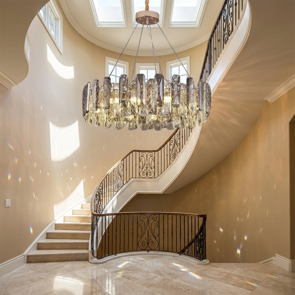 Riviko Aura Grand Round/Rectangle Chandelier with Smoky Gray K9 Crystal - dramatic American stairwell with soaring ceiling