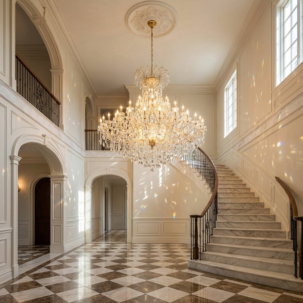Riviko Grand Lumière Multi-Layered Candle Branch Chandelier for Living Room/Foyer/Stairs - grand American estate foyer