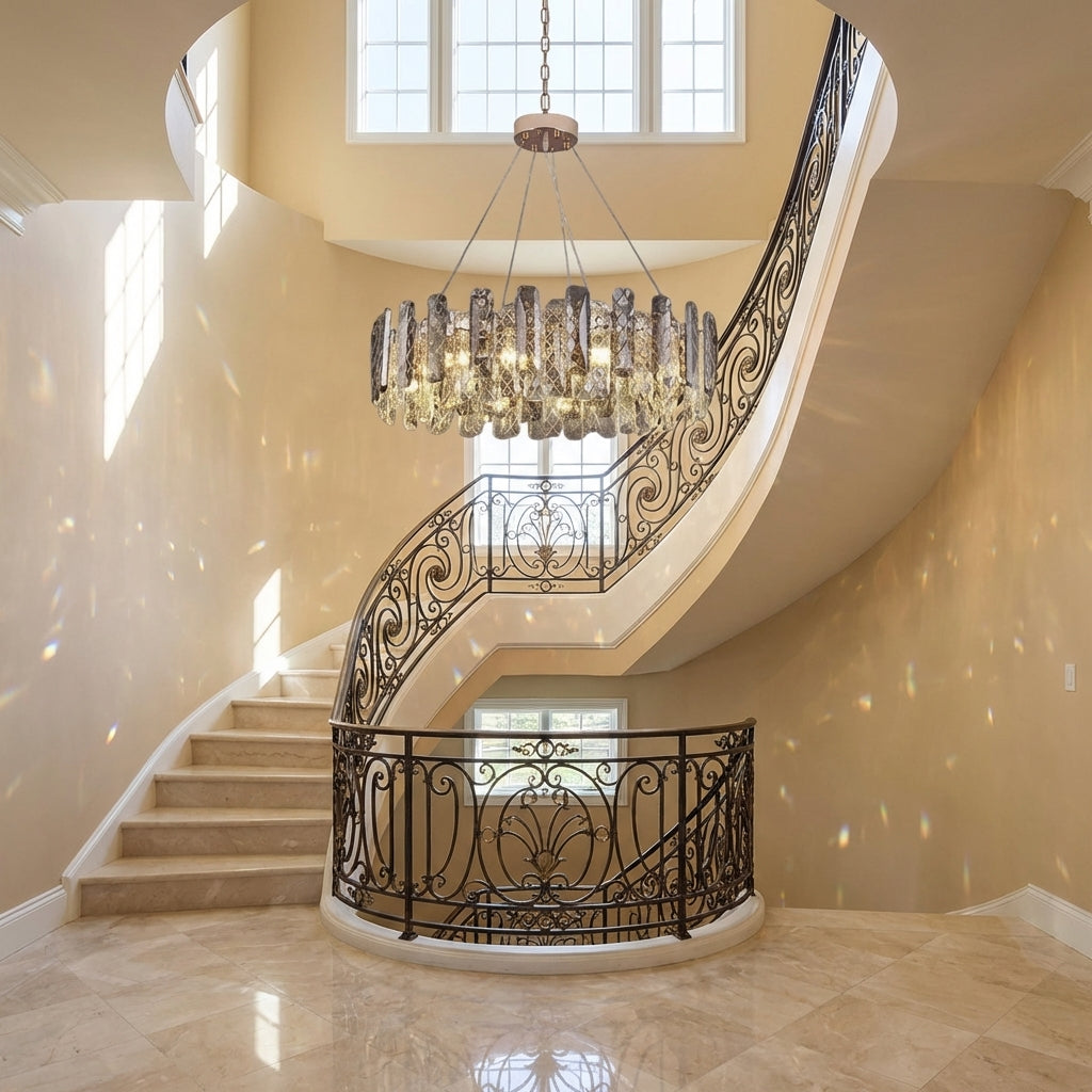 Riviko Aura Grand Round/Rectangle Chandelier with Smoky Gray K9 Crystal - dramatic American stairwell with soaring ceiling