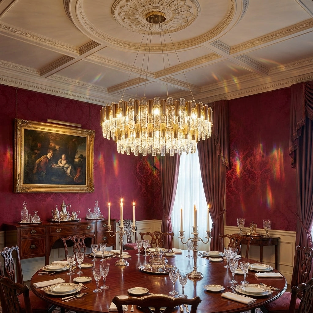 Riviko Aura Grand Round/Rectangle Chandelier with Smoky Gray K9 Crystal - formal American dining room
