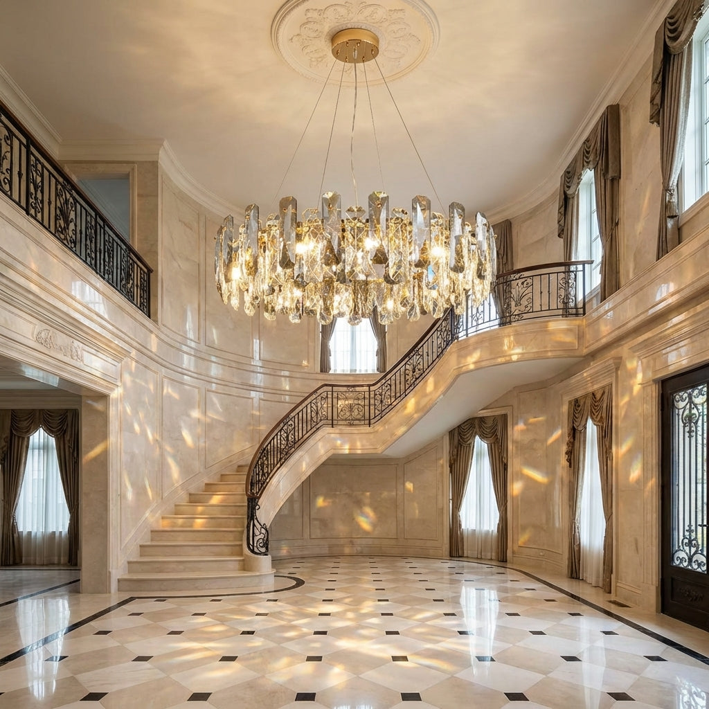 Riviko Aura Grand Round/Rectangle Chandelier with Smoky Gray K9 Crystal - grand American estate foyer