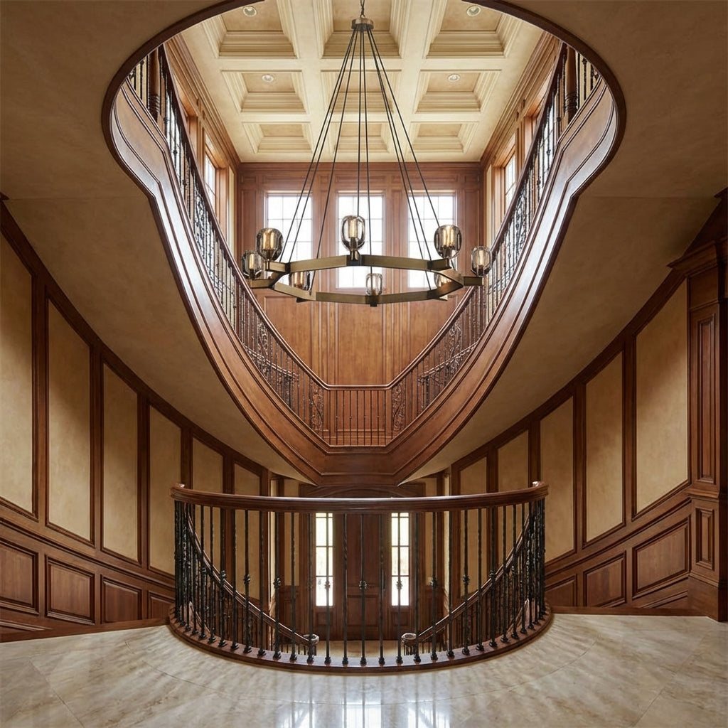 Riviko Veridian Crystal Round Chandelier 60" - dramatic American stairwell with soaring ceiling