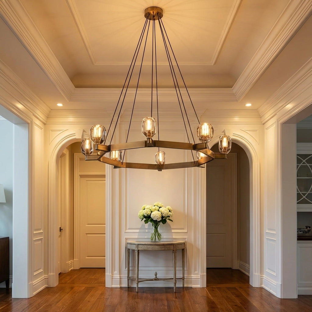 Riviko Veridian Crystal Round Chandelier 60" - elegant American entryway with arched doorway