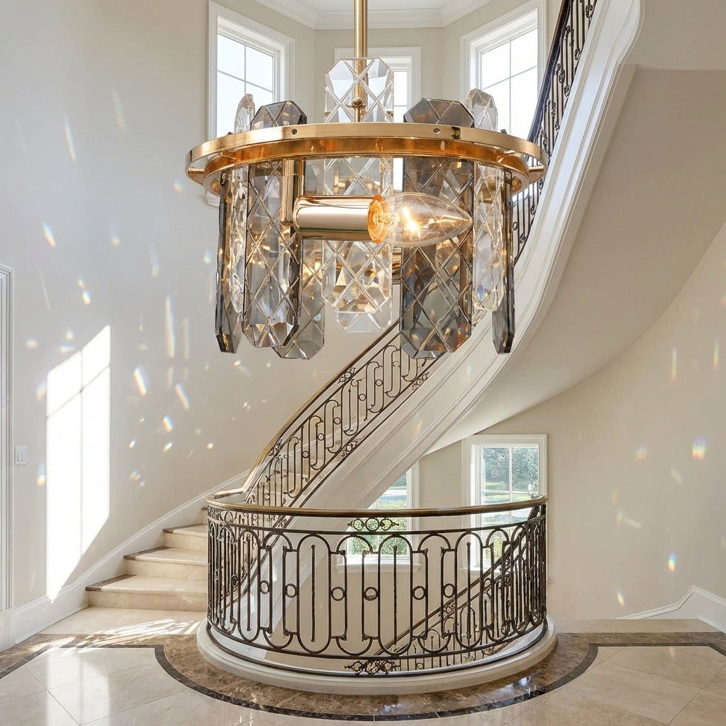 Riviko Aura Grand Round/Rectangle Chandelier with Smoky Gray K9 Crystal - dramatic American stairwell with soaring ceiling