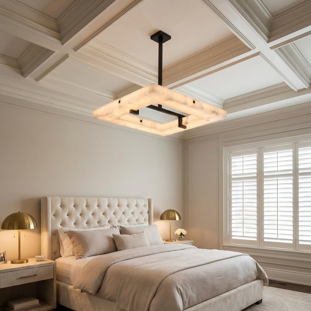 Riviko Aura Square Chandelier 100cm W x 100cm L x 10cm H 39.4" W x 39.4" L x 5.5" H - American master bedroom with coffered ceiling