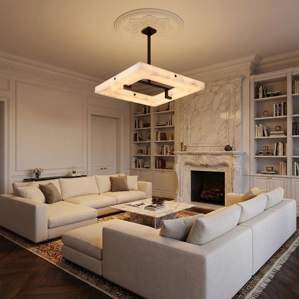 Riviko Aura Square Chandelier 100cm W x 100cm L x 10cm H 39.4" W x 39.4" L x 5.5" H - luxurious American living room with tray ceiling
