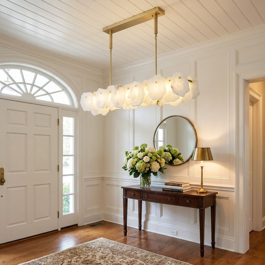 Riviko Aura Oval Chandelier with Rod, Dining Room Chandelier 47"x9" - elegant American entryway with arched doorway