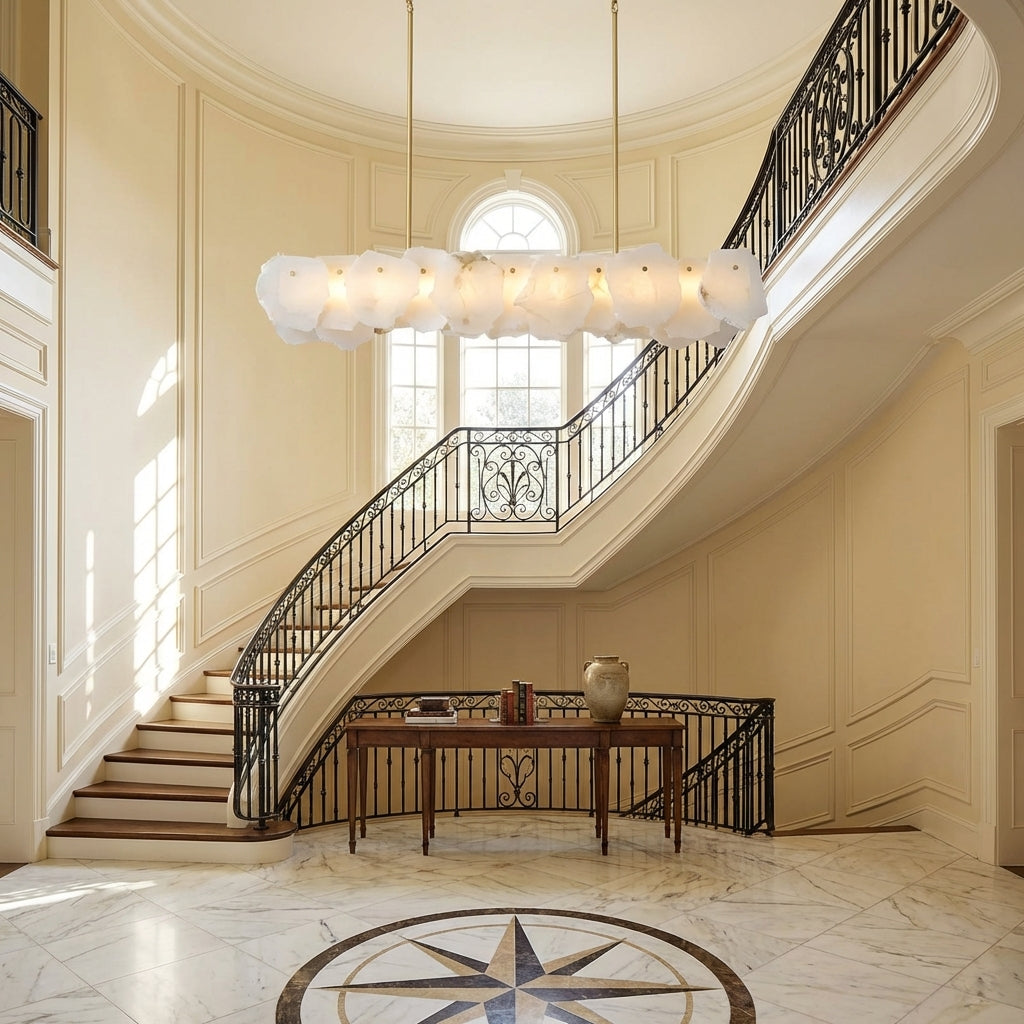 Riviko Aura Oval Chandelier with Rod, Dining Room Chandelier 47"x9" - grand American foyer with two-story ceiling