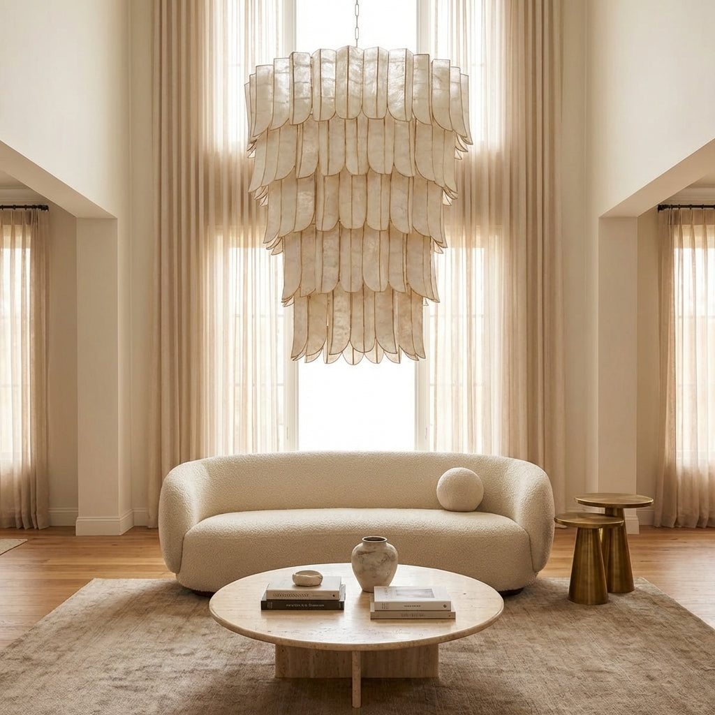 Riviko Opulent Cascade Chandelier with Capiz Shell Layers (2-Layer 22.75"L x 22.75"W x 21"H, 3-Layer 31.5"L x 31.5"W x 30.5"H, 5-Layer 39.5"L x 39.5"W x 46.5"H) - sophisticated American living room