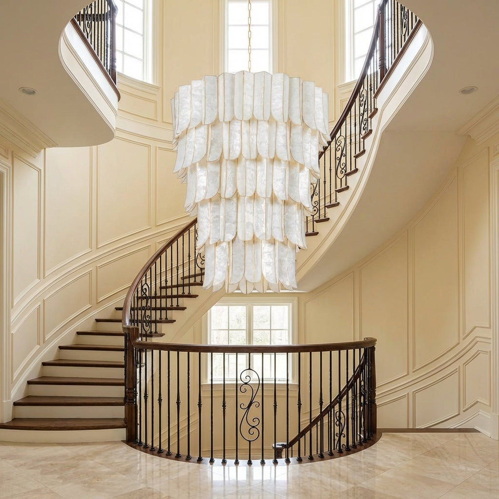 Riviko Opulent Cascade Chandelier with Capiz Shell Layers (2-Layer 22.75"L x 22.75"W x 21"H, 3-Layer 31.5"L x 31.5"W x 30.5"H, 5-Layer 39.5"L x 39.5"W x 46.5"H) - dramatic American stairwell with soaring ceiling
