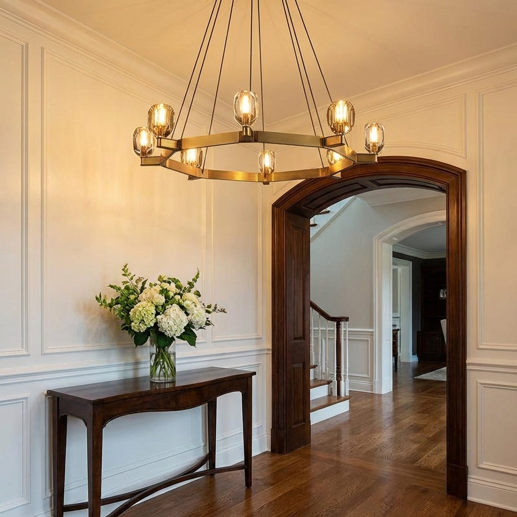 Riviko Veridian Crystal Round Chandelier 60" - elegant American entryway with arched doorway