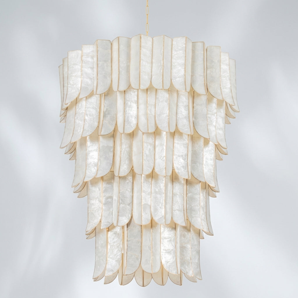 Riviko Opulent Cascade Chandelier with Capiz Shell Layers (2-Layer 22.75"L x 22.75"W x 21"H, 3-Layer 31.5"L x 31.5"W x 30.5"H, 5-Layer 39.5"L x 39.5"W x 46.5"H) - Studio Shot