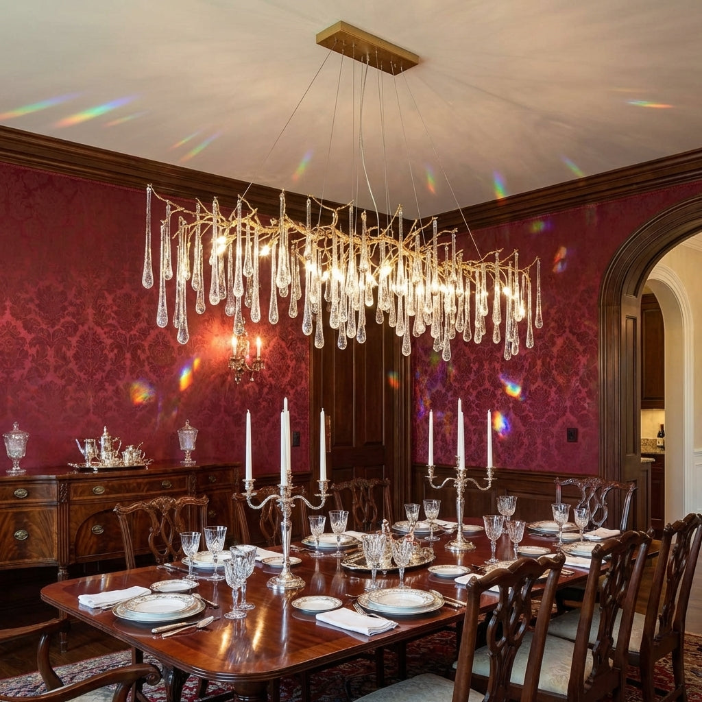 Riviko Verdant Cascade Branch Chandeliers L 33.5"(85cm) x W 15.7"(40cm) x H 19.7"(50cm), L 41.3"(105cm) x W 17.7"(45cm) x H 25.6"(65cm), L 49.2"(125cm) x W 17.7"(45cm) x H 25.6"(65cm), L 59.1"(150cm) x W 17.7"(45cm) x H 25.6"(65cm), L 70.9"(180cm) x W 17.7"(45cm) x H 25.6"(65cm) - formal American dining room
