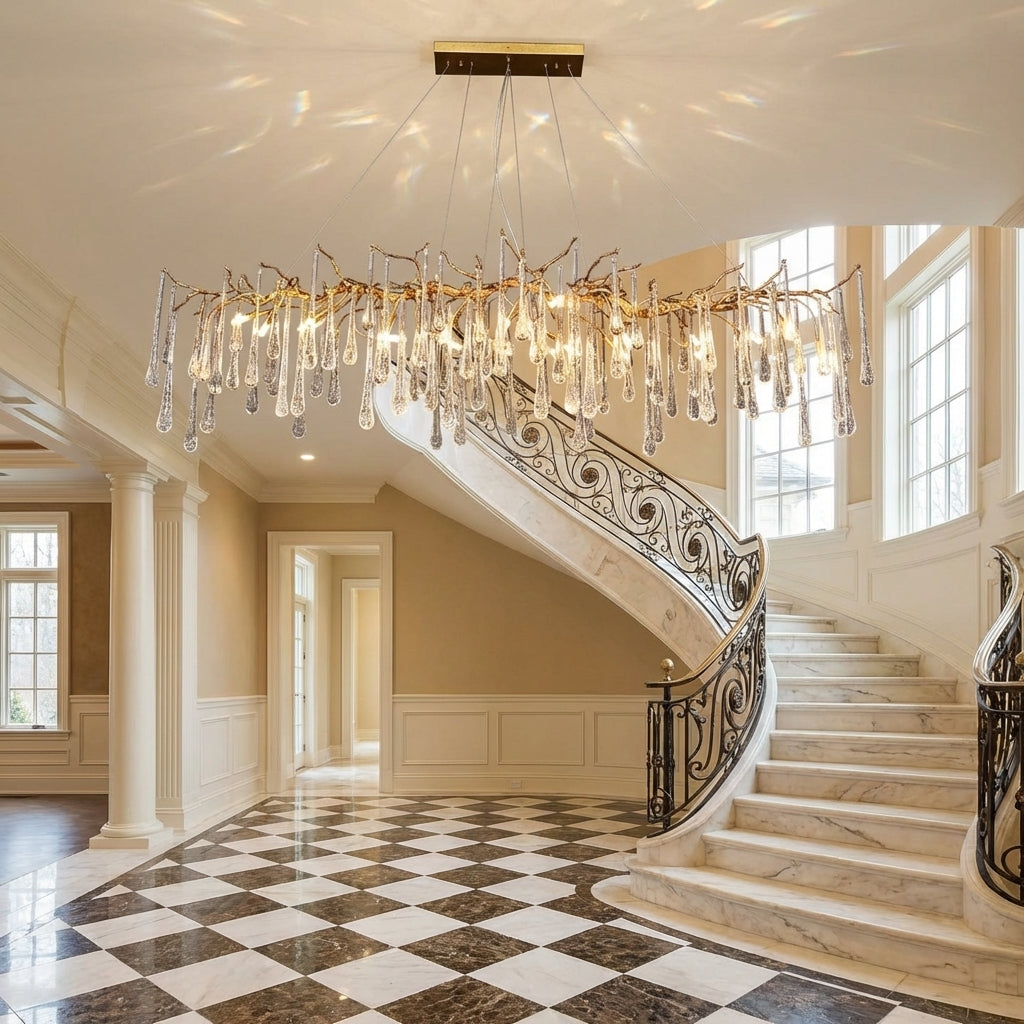 Riviko Verdant Cascade Branch Chandeliers L 33.5"(85cm) x W 15.7"(40cm) x H 19.7"(50cm), L 41.3"(105cm) x W 17.7"(45cm) x H 25.6"(65cm), L 49.2"(125cm) x W 17.7"(45cm) x H 25.6"(65cm), L 59.1"(150cm) x W 17.7"(45cm) x H 25.6"(65cm), L 70.9"(180cm) x W 17.7"(45cm) x H 25.6"(65cm) - grand American estate foyer