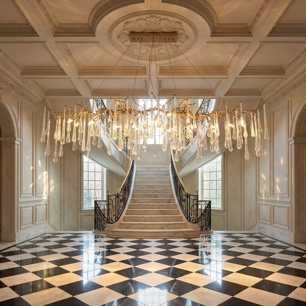 Riviko Verdant Cascade Branch Chandeliers L 33.5"(85cm) x W 15.7"(40cm) x H 19.7"(50cm), L 41.3"(105cm) x W 17.7"(45cm) x H 25.6"(65cm), L 49.2"(125cm) x W 17.7"(45cm) x H 25.6"(65cm), L 59.1"(150cm) x W 17.7"(45cm) x H 25.6"(65cm), L 70.9"(180cm) x W 17.7"(45cm) x H 25.6"(65cm) - grand American estate foyer