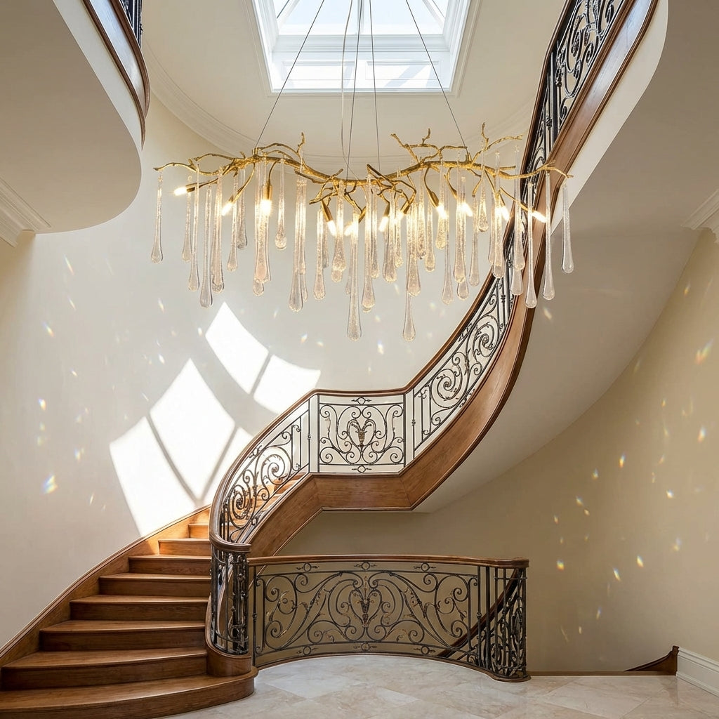 Riviko Verdant Cascade Branch Chandeliers L 33.5"(85cm) x W 15.7"(40cm) x H 19.7"(50cm), L 41.3"(105cm) x W 17.7"(45cm) x H 25.6"(65cm), L 49.2"(125cm) x W 17.7"(45cm) x H 25.6"(65cm), L 59.1"(150cm) x W 17.7"(45cm) x H 25.6"(65cm), L 70.9"(180cm) x W 17.7"(45cm) x H 25.6"(65cm) - dramatic American stairwell with soaring ceiling