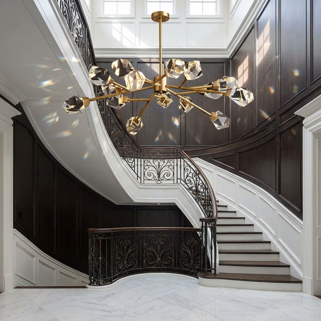 Riviko Radiant Cascade K9 Crystal Chandelier 28.7"D x 17.7"H (9-Light) - dramatic American stairwell with soaring ceiling