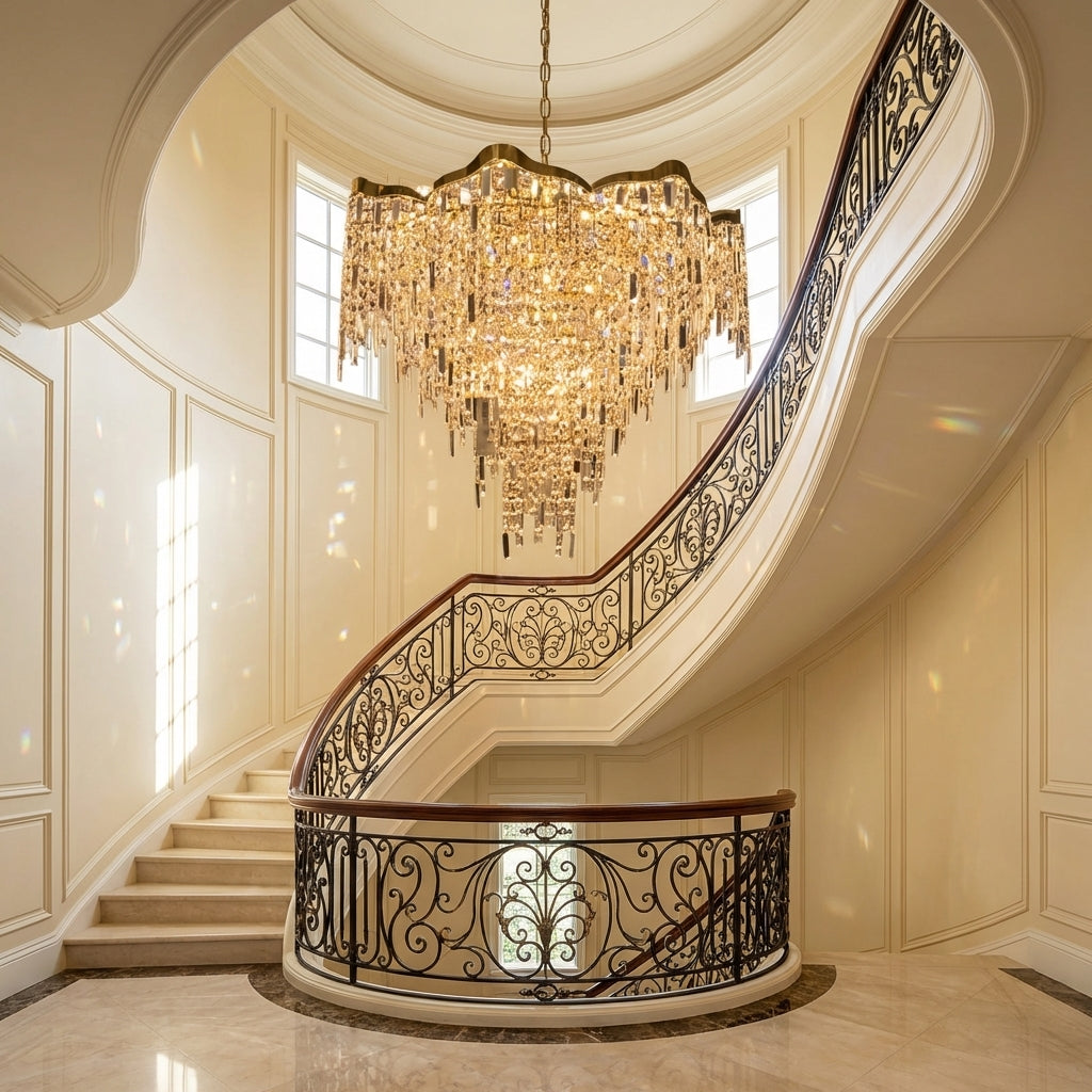 Lumina Haven Lumina Grand Round Crystal Chandelier - dramatic American stairwell with soaring ceiling