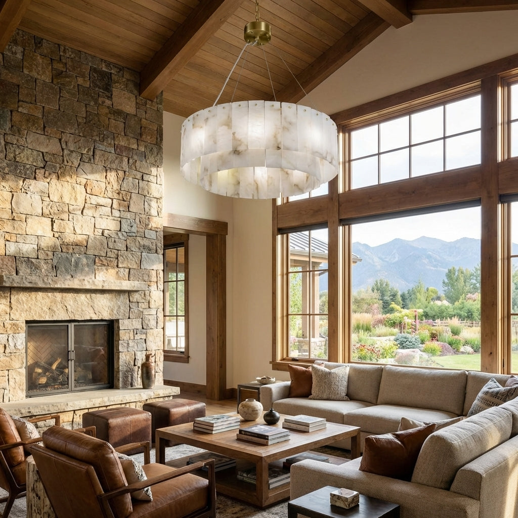 Riviko Alabaster Bloom Round Chandelier - American transitional great room with cathedral ceiling
