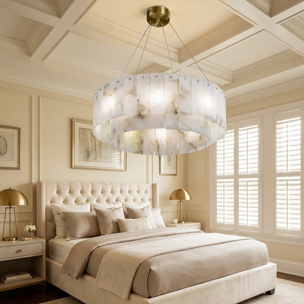 Riviko Alabaster Bloom Round Chandelier - American master bedroom with coffered ceiling