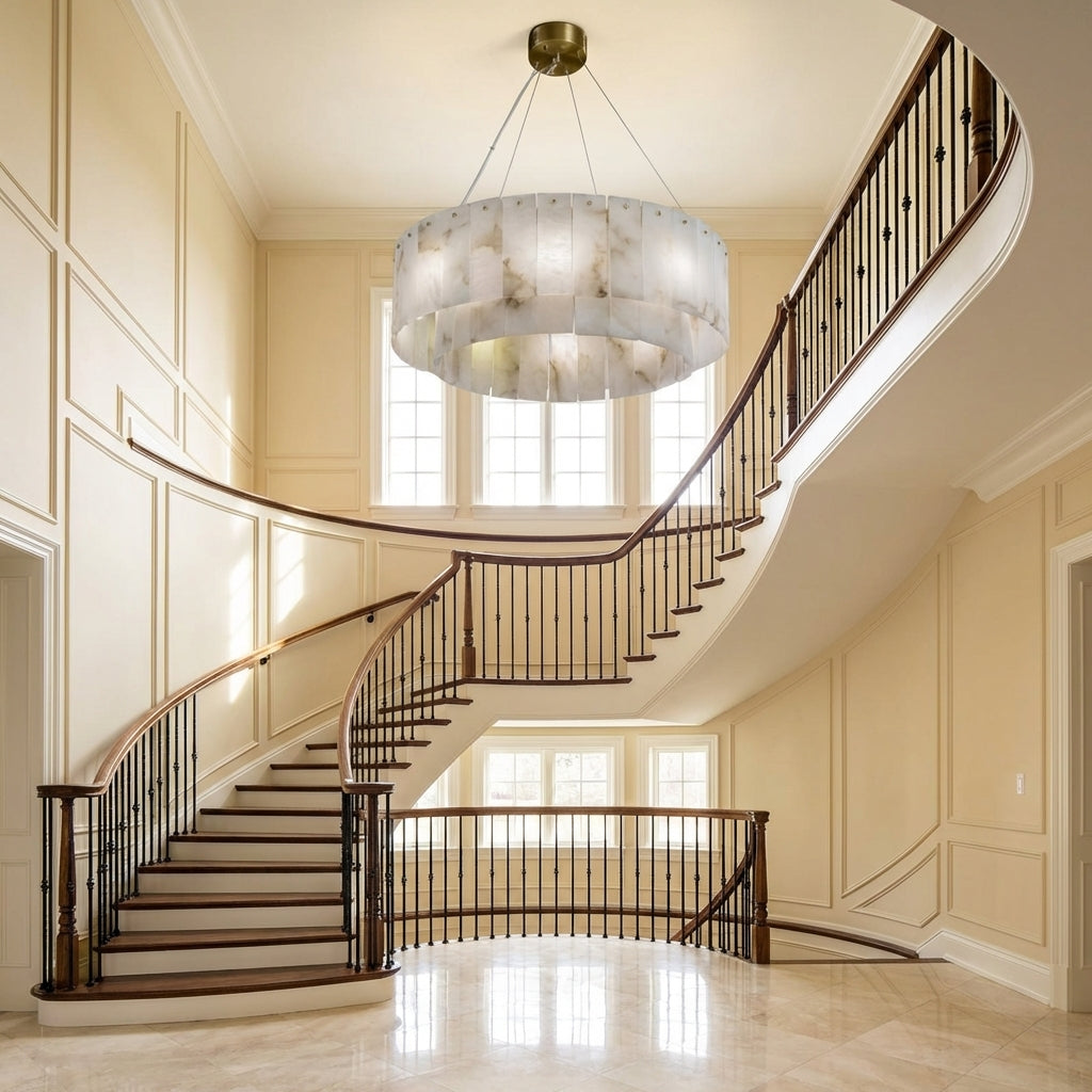 Riviko Alabaster Bloom Round Chandelier - dramatic American stairwell with soaring ceiling