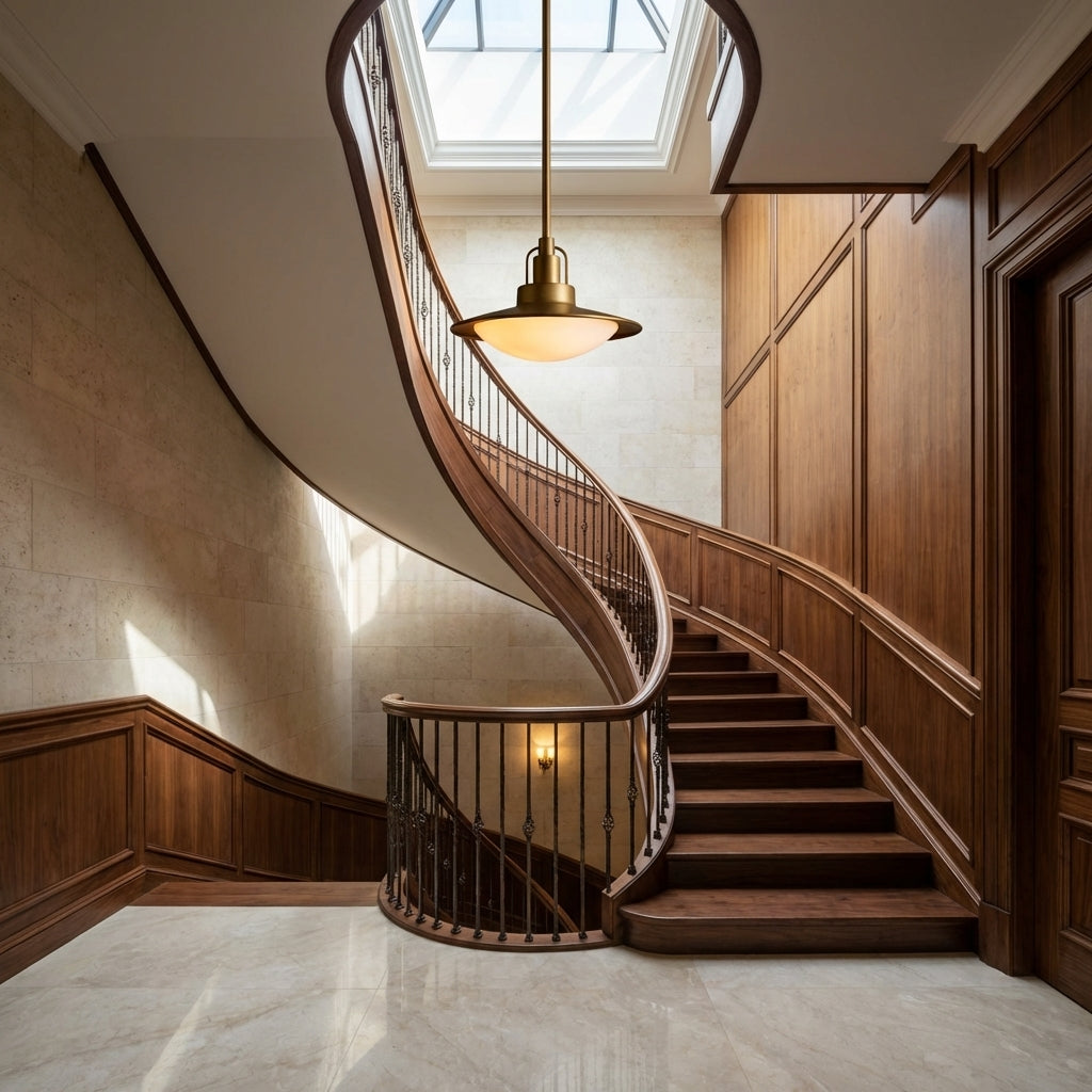 Riviko Aura Disc Pendant - dramatic American stairwell with three-story void