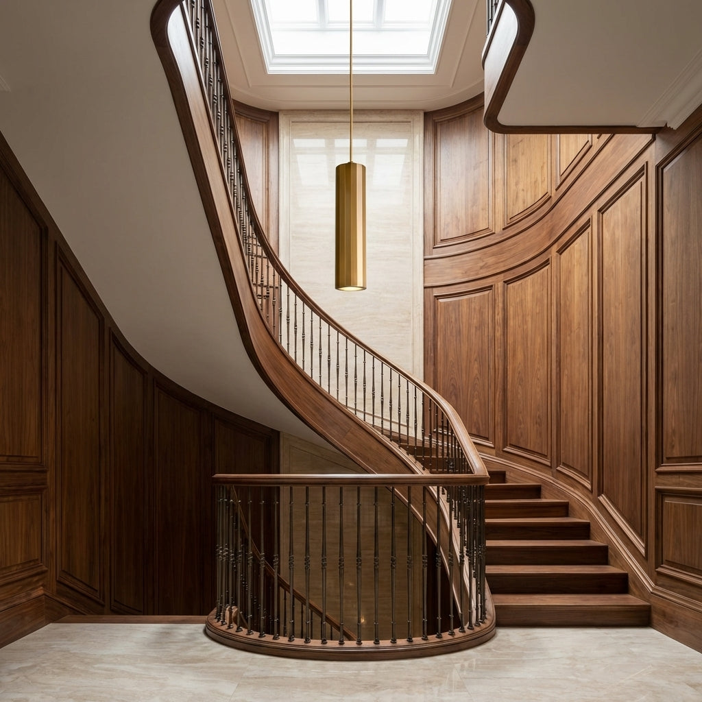 Riviko Radiant Ribbed Brass Pendant Lamp - dramatic American stairwell with three-story void