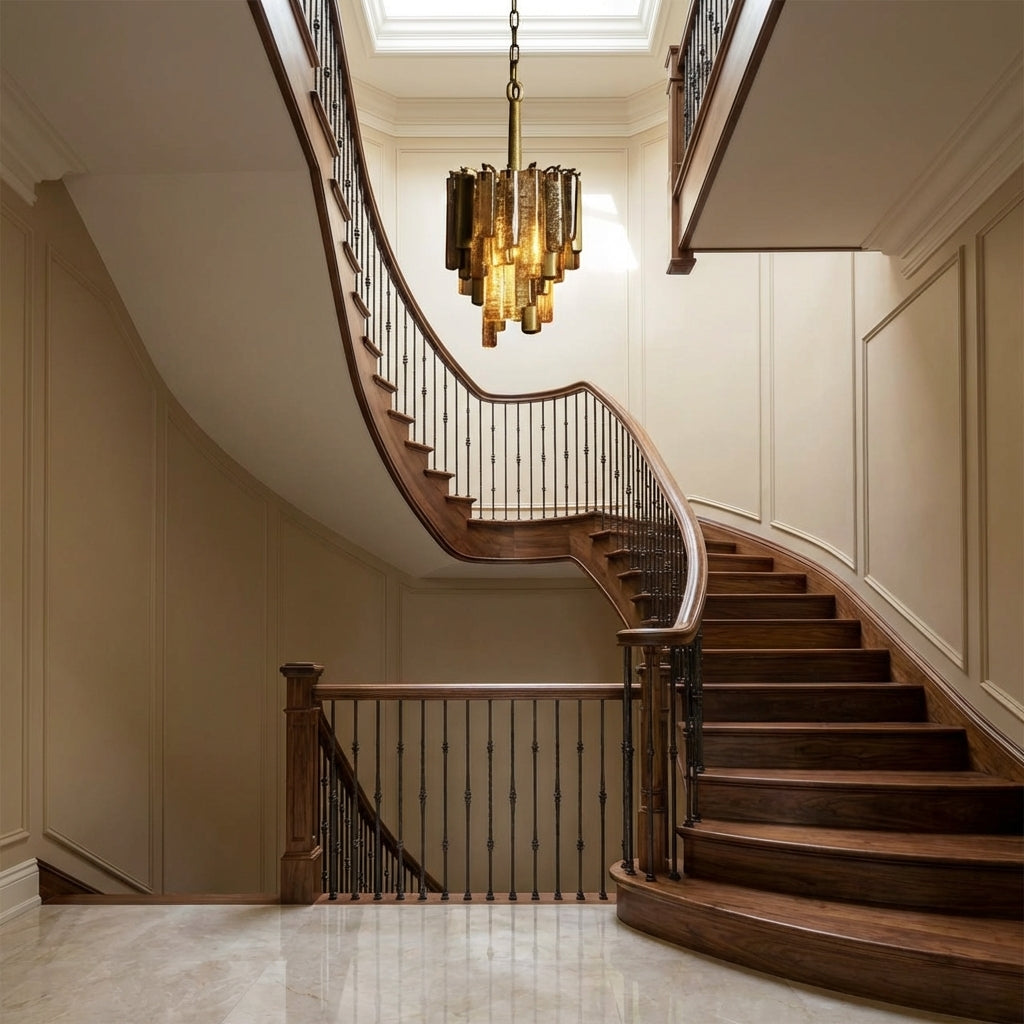 Riviko Veridian Bloom Glass Pendant - dramatic American stairwell with three-story void