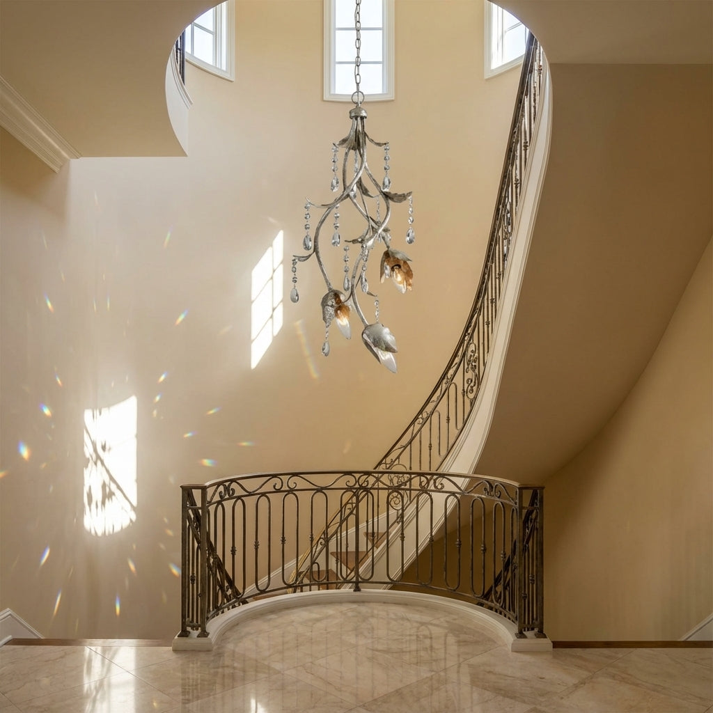 Riviko Verdant Dewdrop 28" Pendant - dramatic American stairwell with soaring ceiling