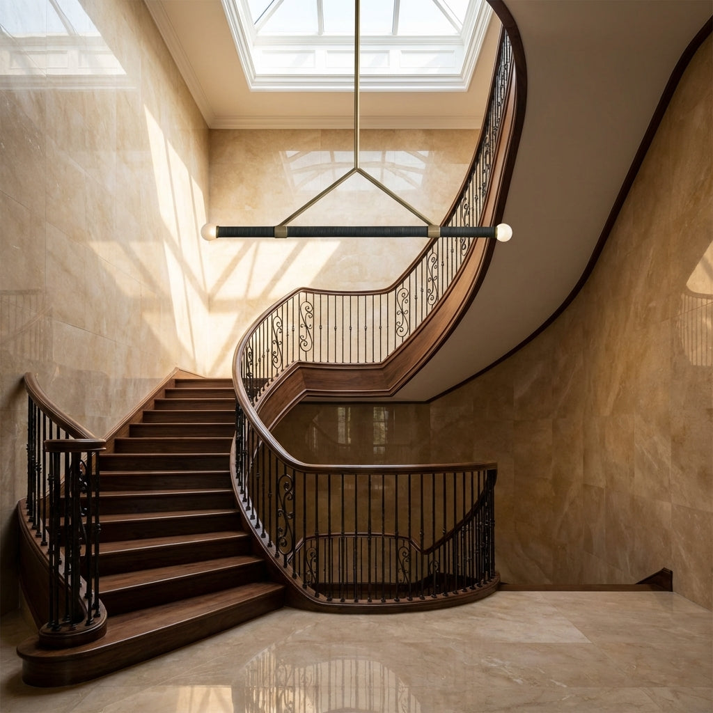 Riviko Artisan Leather Accent Pendant - dramatic American stairwell with three-story void